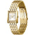 Goldfarbene Damenarmbanduhr mit rechteckigem Zifferblatt, Metallgliederarmband und Krone