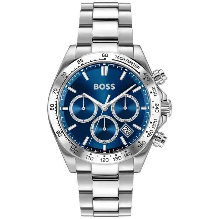 Herren-Chronograph BOSS Hero 2.0, silberner Edelstahlarmband, blaues Zifferblatt