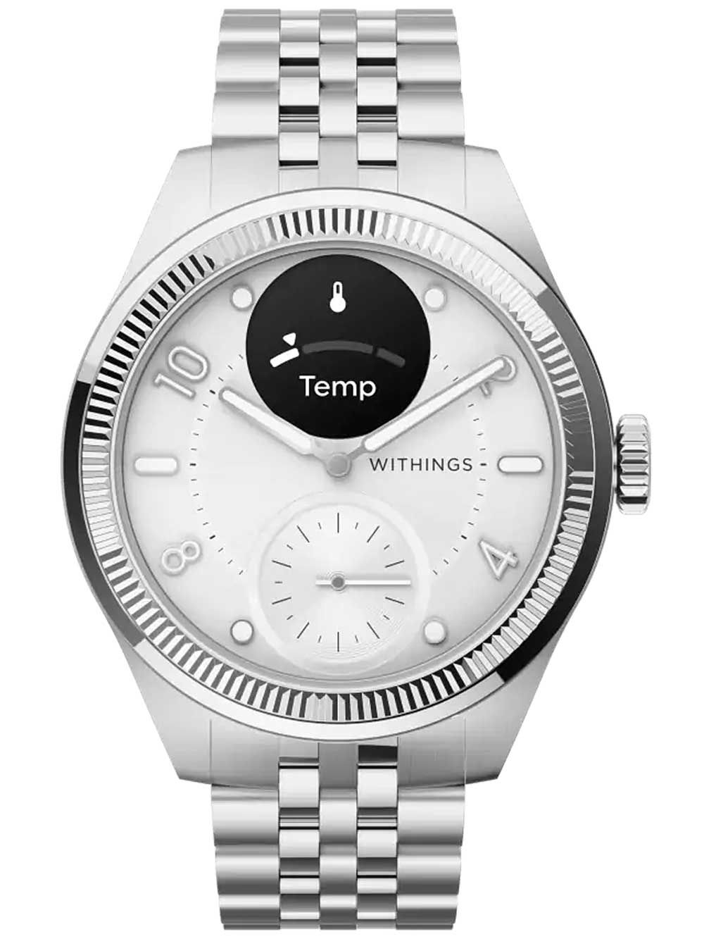 Silberne Withings Hybrid-Smartwatch mit analogem Zifferblatt und Metallarmband