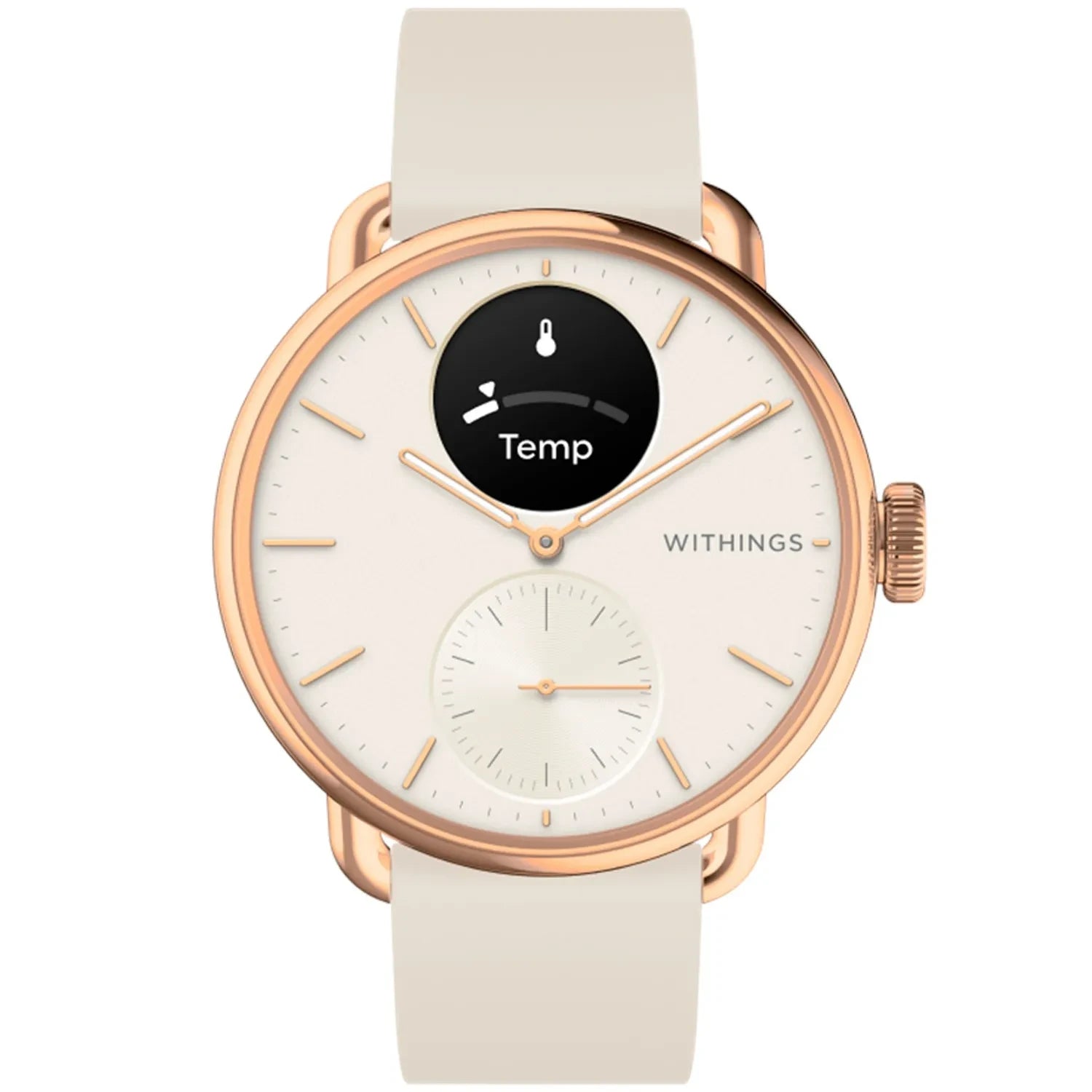 Damenarmbanduhr Withings ScanWatch 2: weißes Silikonarmband, Roségoldgehäuse, Anzeige Temp