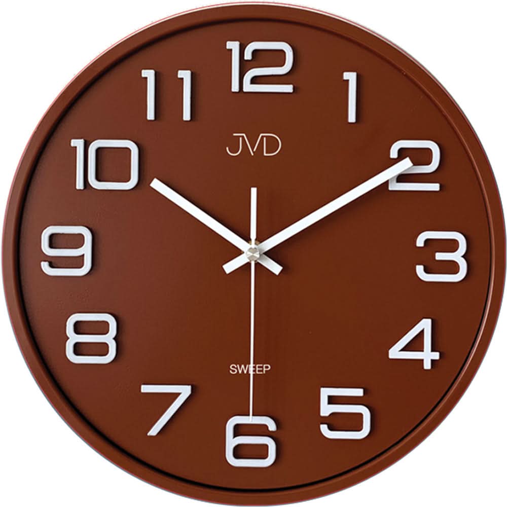 Runde Wanduhr mit braunem Zifferblatt, weißen Zahlen und Zeigern, JVD-Logo