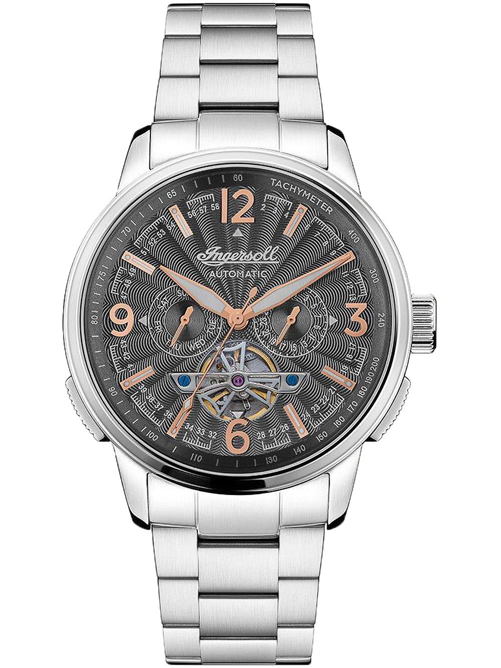 Herrenuhr mit silbernem Edelstahlband, schwarzem Zifferblatt und sichtbarem Werk