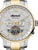 Bicolor-Herrenuhr mit offenem Automatikwerk, silbernem Zifferblatt und goldenen Markierungen.