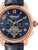 Herrenuhr mit blauem Zifferblatt, Automatik, Lederband und roségoldener Lünette.