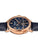 Herrenuhr 3/4-Profil: blaues Zifferblatt, roségoldene Gehäuseteile, Lederband.