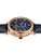 Herrenuhr im 3/4-Profil: blaues Zifferblatt, roségoldene Krone, Lederband.