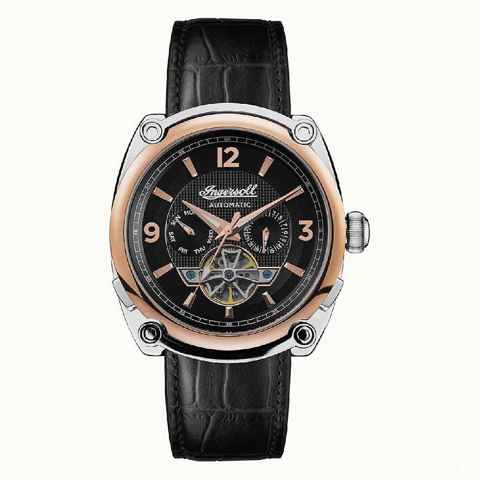 Montre homme avec cadran noir et bracelet en cuir noir, look squelette
