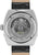 Herrenuhr Rückseite mit silbernem Gehäuse und schwarzem Lederarmband, Blick ins Werk