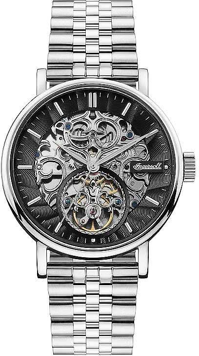 Montre homme avec bracelet en acier inoxydable argenté et cadran noir avec mouvement squelette