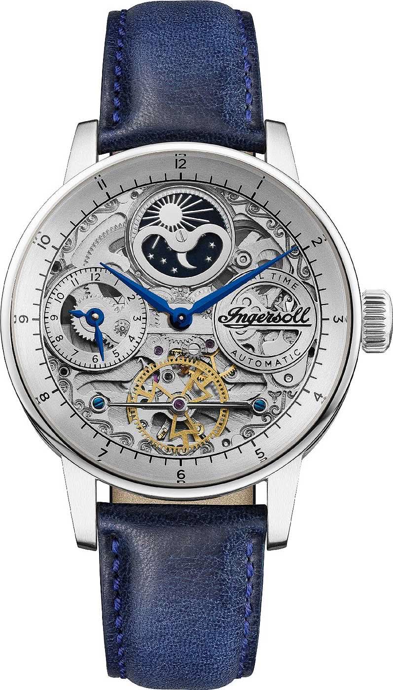 Herrenuhr mit blauem Lederarmband und skelettiertem silbernem Zifferblatt, blauem Zeiger