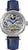 Herrenuhr mit blauem Lederarmband und skelettiertem silbernem Zifferblatt, blauem Zeiger