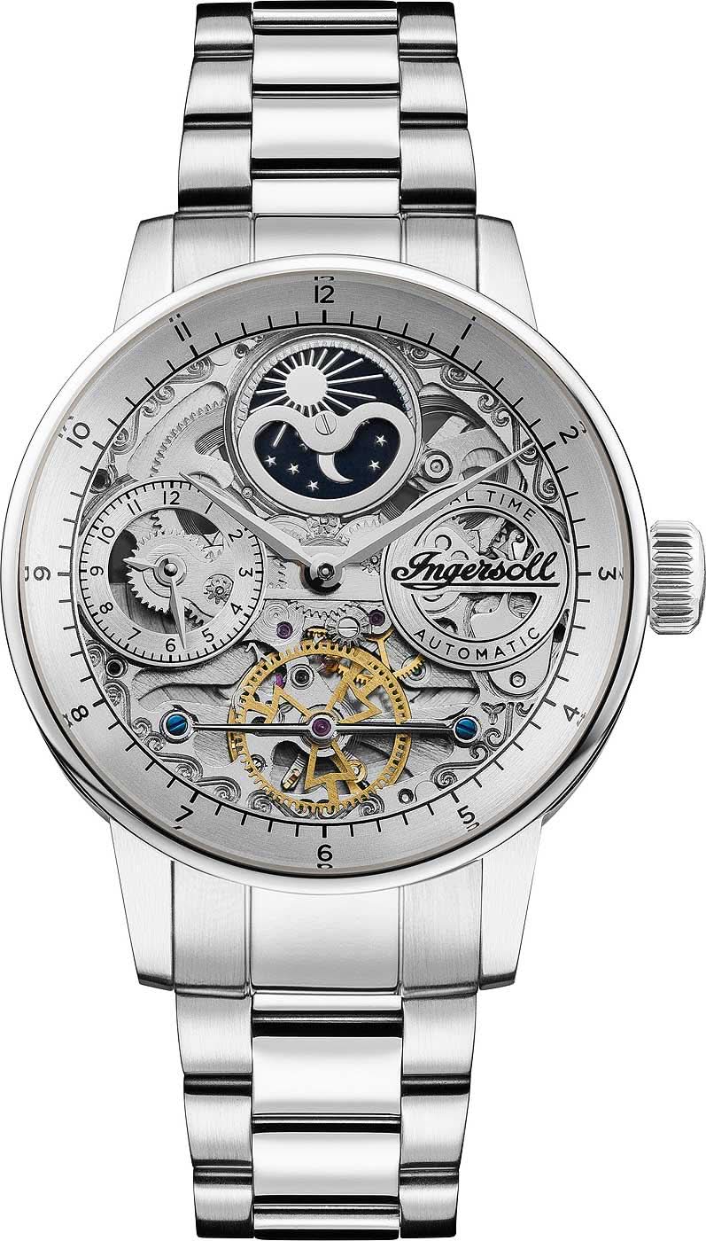 Herrenarmbanduhr mit silbernem Metallband und offenem Automatik-Skelettzifferblatt