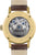 Herrenarmbanduhr mit goldfarbenem Gehäuse und braunem Lederband, Rückseite mit Mechanik