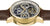 Herrenarmbanduhr schräg mit braunem Lederband, goldfarbenem Gehäuse und mechanischem Zifferblatt
