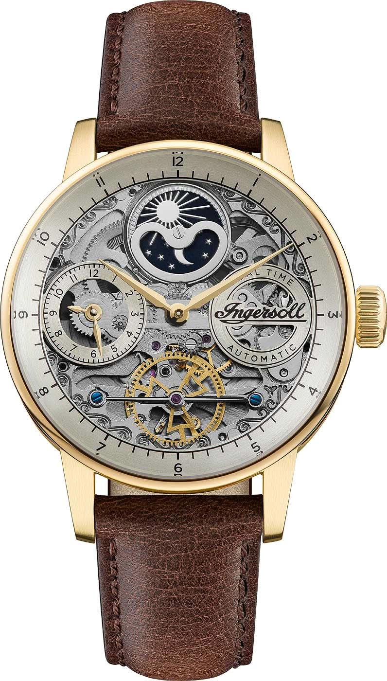 Herrenarmbanduhr mit goldfarbenem Gehäuse, braunem Lederband und sichtbarem Automatik-Werk