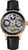 Montre homme avec bracelet en cuir noir, boîtier or rose et détail de phase lunaire
