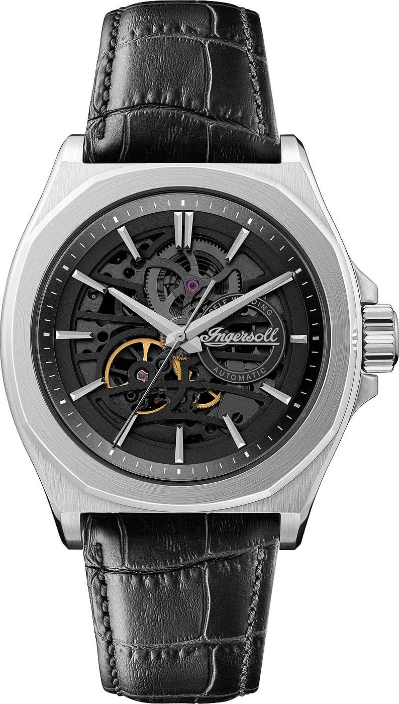 Montre homme avec cadran squelette, bracelet en cuir noir et boîtier argenté