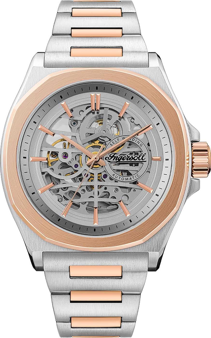 Bracelet de montre pour homme en acier inoxydable avec cadran squelette argenté et accents or rose
