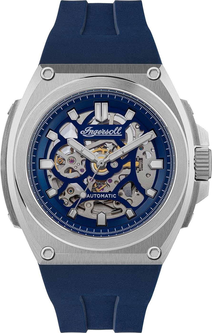 Montre homme avec bracelet en cuir bleu et cadran squelette, boîtier en acier inoxydable