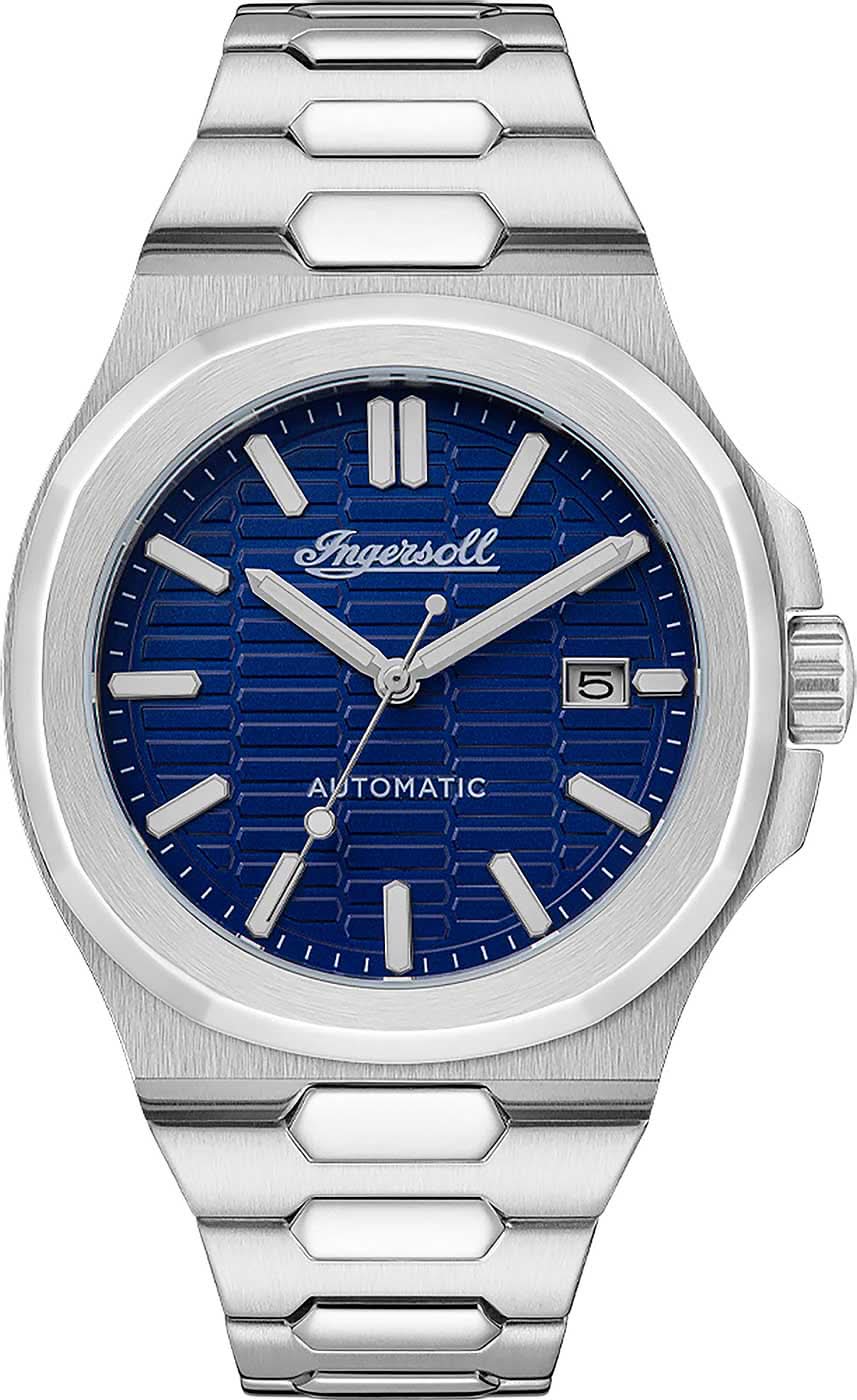 Herrenuhr mit Edelstahlband, rundem Gehäuse und blauem Zifferblatt, Datumsanzeige
