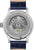 Montre pour homme avec bracelet en cuir bleu et fond de boîtier transparent laissant apparaître le mouvement