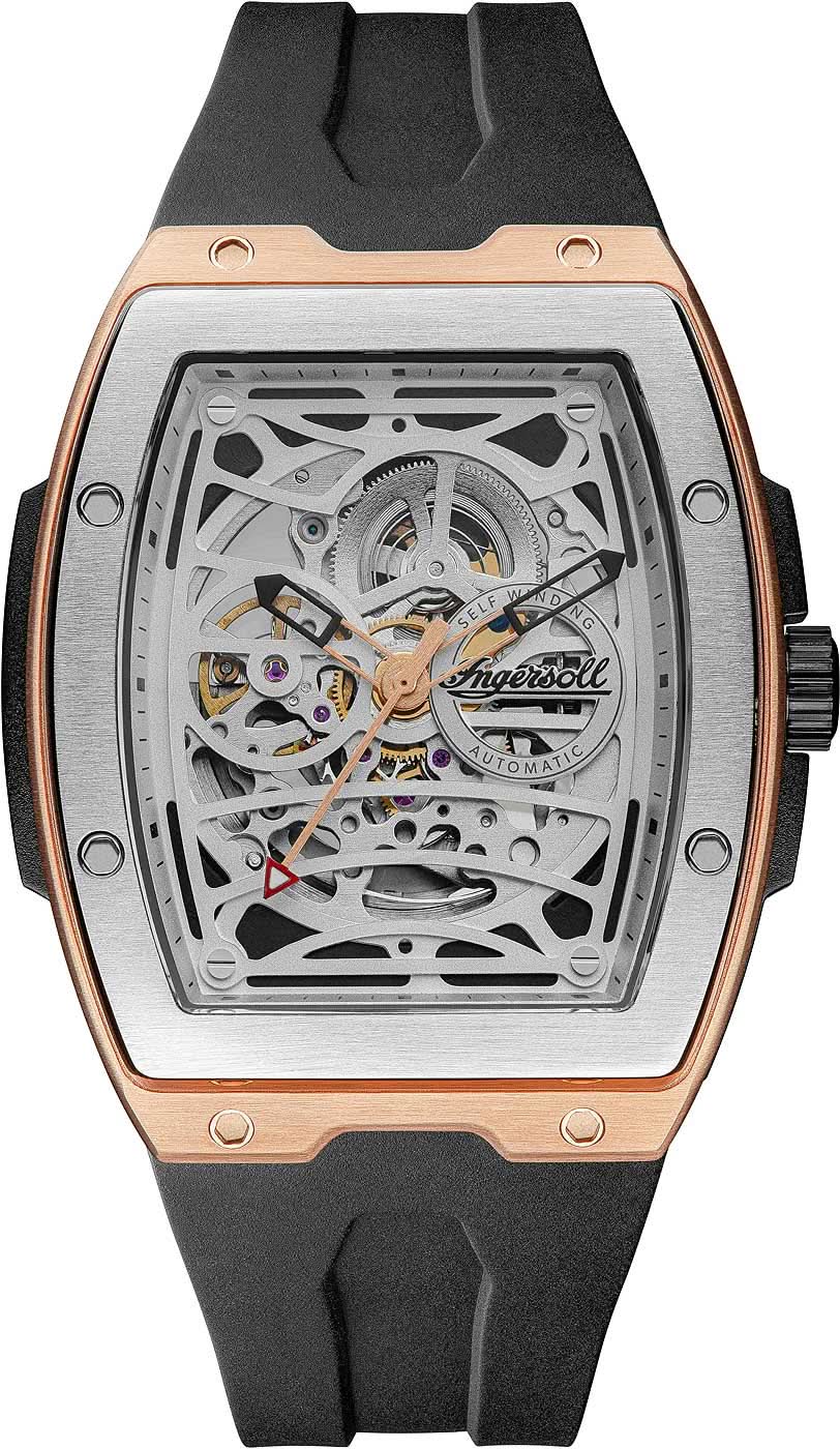 Sportliche Herrenuhr mit offenem Zifferblatt, roségoldfarbenem Gehäuse und schwarzem Kautschukband.