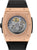 Herrenuhr-Ansicht von hinten: roségoldfarbenes Gehäuse mit Gravur und schwarzem geripptem Band.