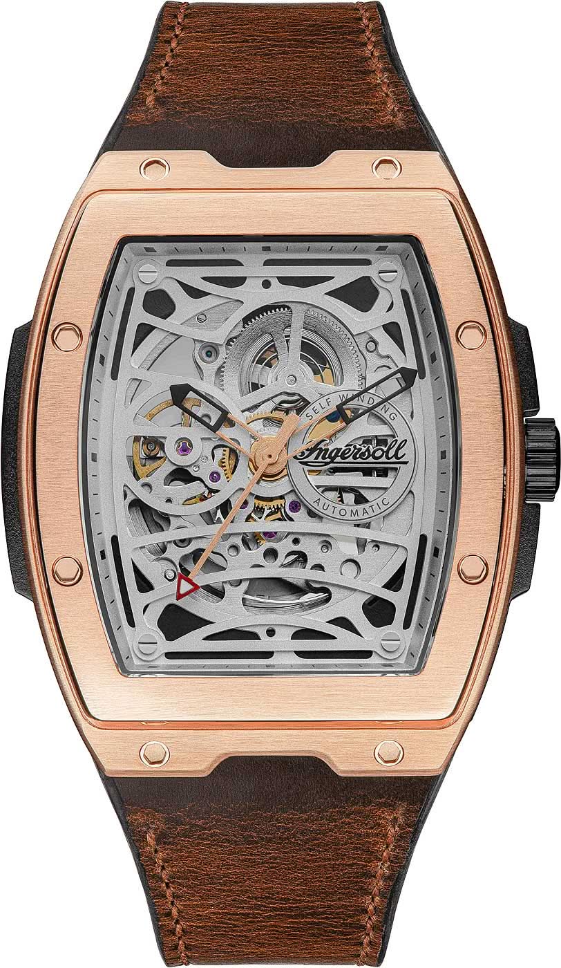 Montre homme avec bracelet en cuir marron et cadran squelette apparent, lunette or rose