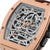 Montre homme avec bracelet en cuir marron et lunette or rose, mouvement squelette avec logo