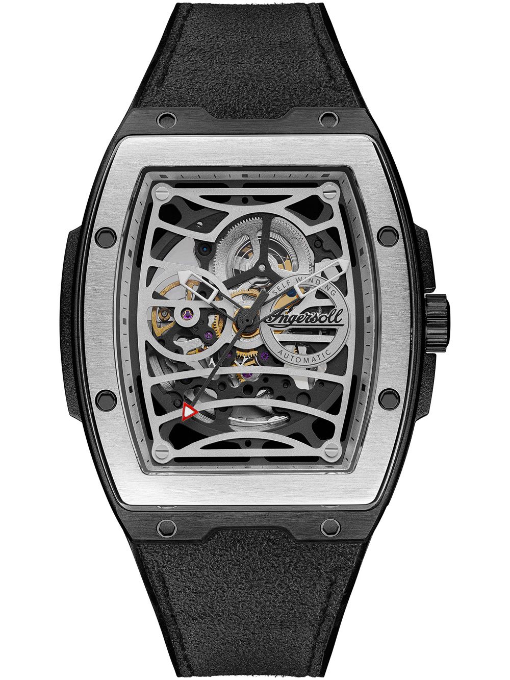 Herrenarmbanduhr mit sichtbarem Automatikuhrwerk, silbernes Gehäuse, schwarzes Band