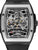 Herrenarmbanduhr mit silbernem Gehäuse und offenem Automatikuhrwerk, schwarzes Lederband
