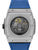 Herrenuhr mit blauem Silikonarmband und sichtbarem Automatikwerk im Edelstahlgehäuse