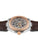 Herrenuhr von vorn im Seitenprofil: silbernes Gehäuse, Roségold-Lünette, braunes Lederband.
