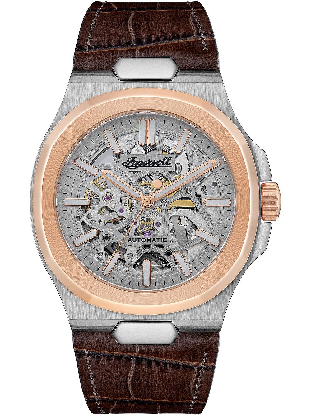 Herrenuhr mit offenem Skelettzifferblatt, braunem Lederarmband und Roségold-Lünette.