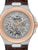 Herrenuhr: skelettierte Automatik, silberne Uhr mit Roségold-Lünette, braunes Lederband.
