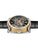 Herrenarmbanduhr mit schwarzem Lederband, goldfarbenem Gehäuse und sichtbarem Automatikwerk