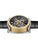 Herrenarmbanduhr mit schwarzem Lederband, goldfarbenem Gehäuse und freiliegendem Uhrwerk