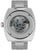 Rückseite einer silbernen Herrenuhr mit Aufschrift und blauem Automatikwerk, Edelstahl