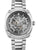 Silberne Herrenuhr mit Skelettzifferblatt, Edelstahlarmband, rundes Automatikgehäuse