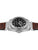 Vorderansicht Herrenarmbanduhr: silbernes Gehäuse, schwarzes Zifferblatt, braunes Lederband
