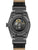 Herrenarmbanduhr mit schwarzem Lederarmband und sichtbarem Uhrwerk auf der Rückseite