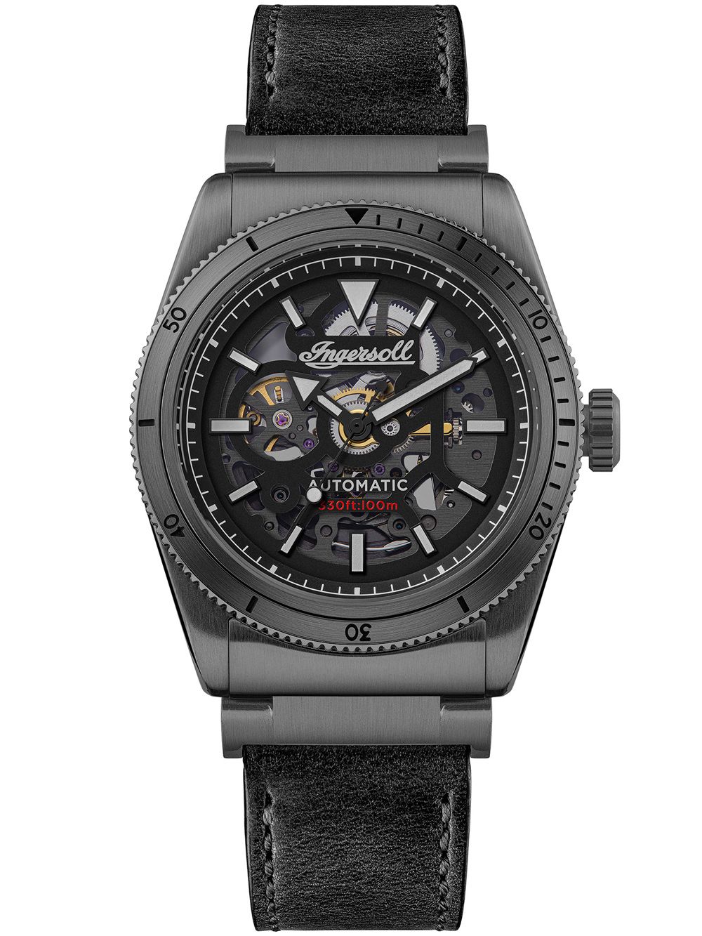 Herrenarmbanduhr Ingersoll mit schwarzem Lederarmband und offenem Automatik-Zifferblatt