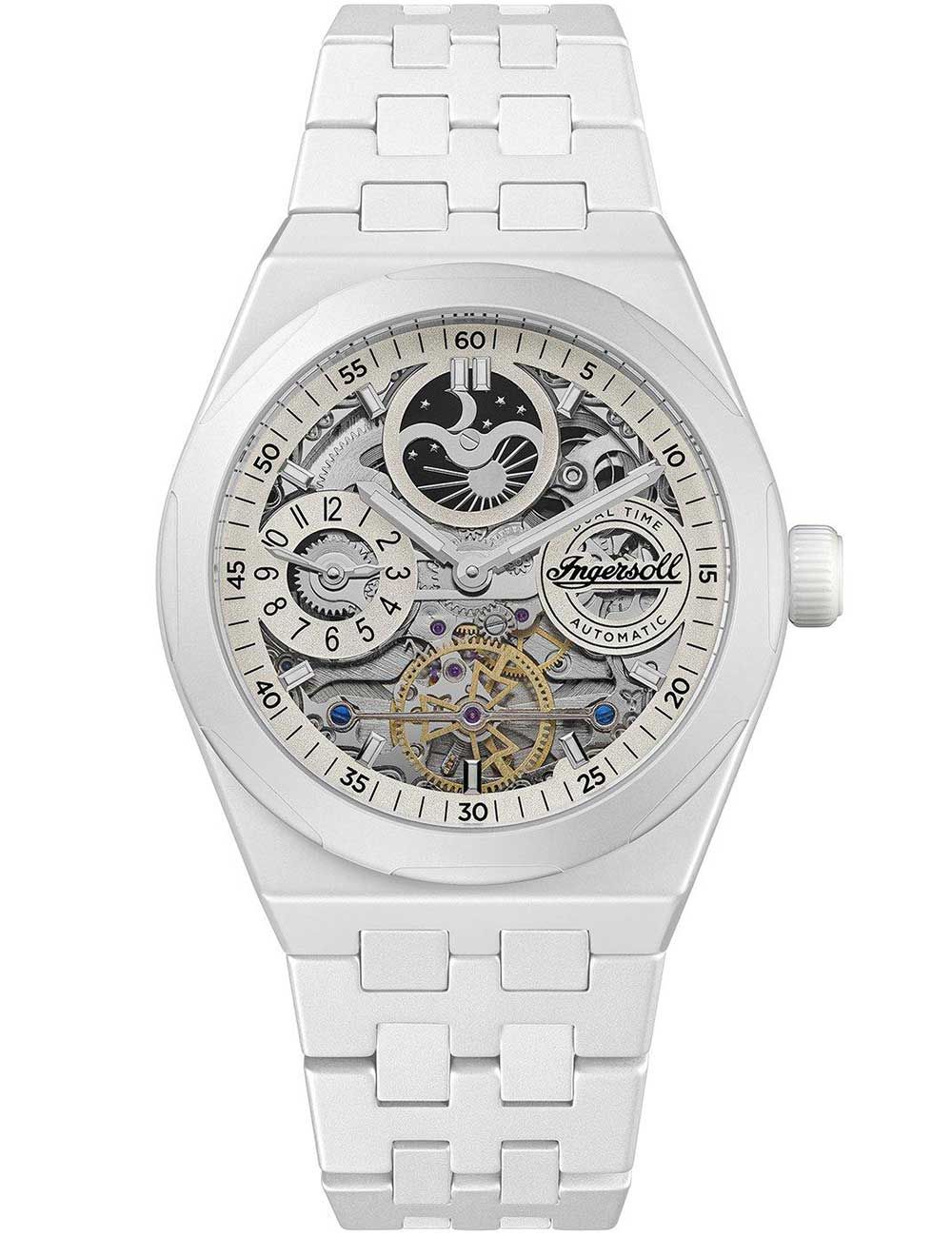 Ingersoll Herrenuhr mit weißem Keramikband und skelettiertem Zifferblatt