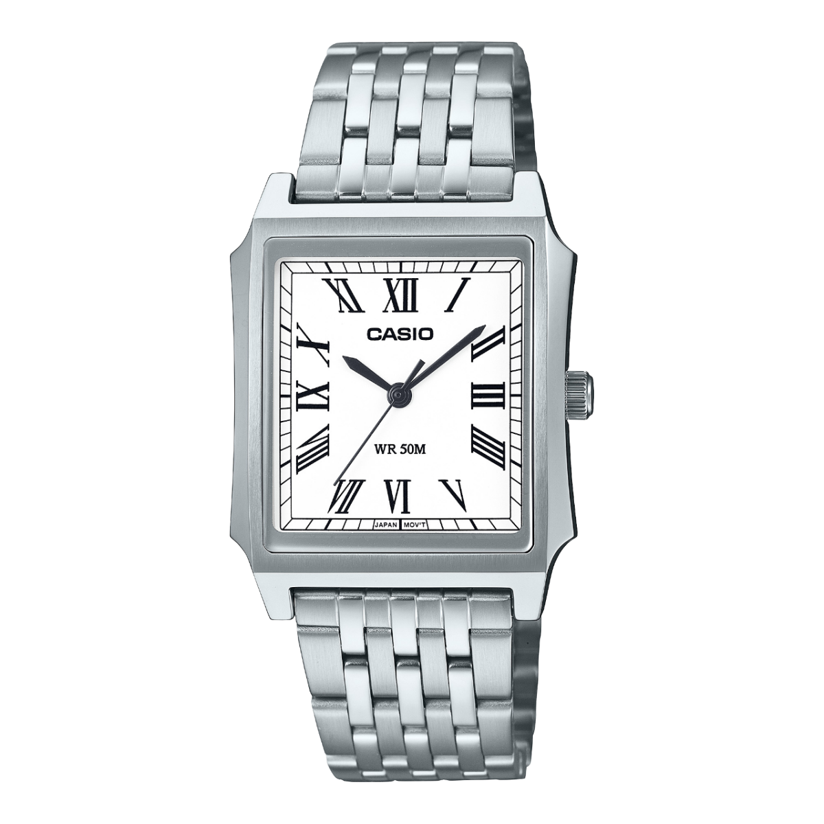 Herrenarmbanduhr CASIO mit silbernem Edelstahlarmband und rechteckigem weißem Zifferblatt