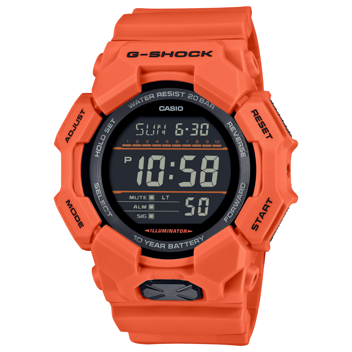 Casio G-Shock Herren-Uhr mit orangefarbenem Armband und schwarzem Digitaldisplay