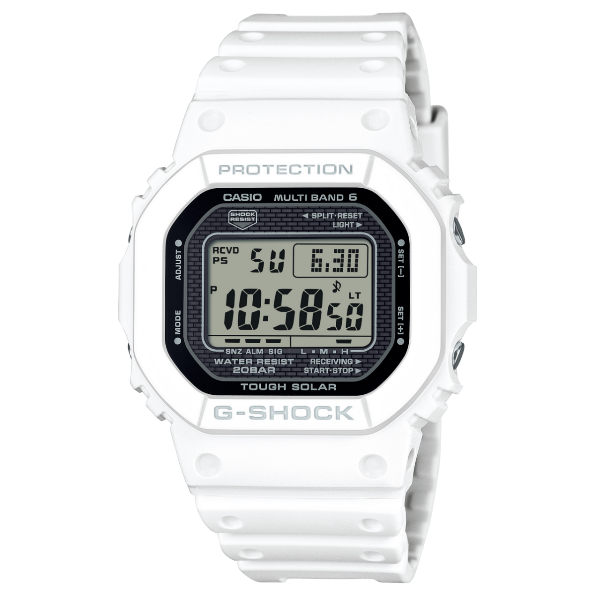 Herrenarmbanduhr Casio G-SHOCK mit weißem Kunststoffarmband und rundem Digitaldisplay