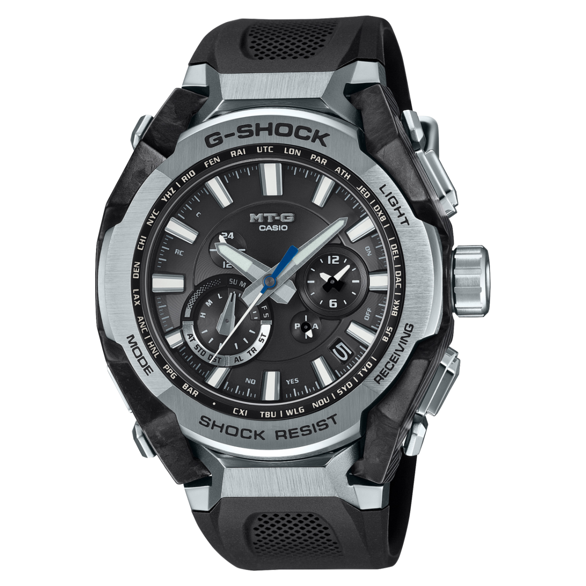 Casio G-Shock Herrenuhr: schwarzes Kautschukband, Metallgehäuse, analoges Zifferblatt.