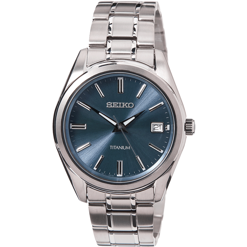 Titan-Uhr mit blauem Zifferblatt, Metallgliederarmband und Datumsanzeige bei 21