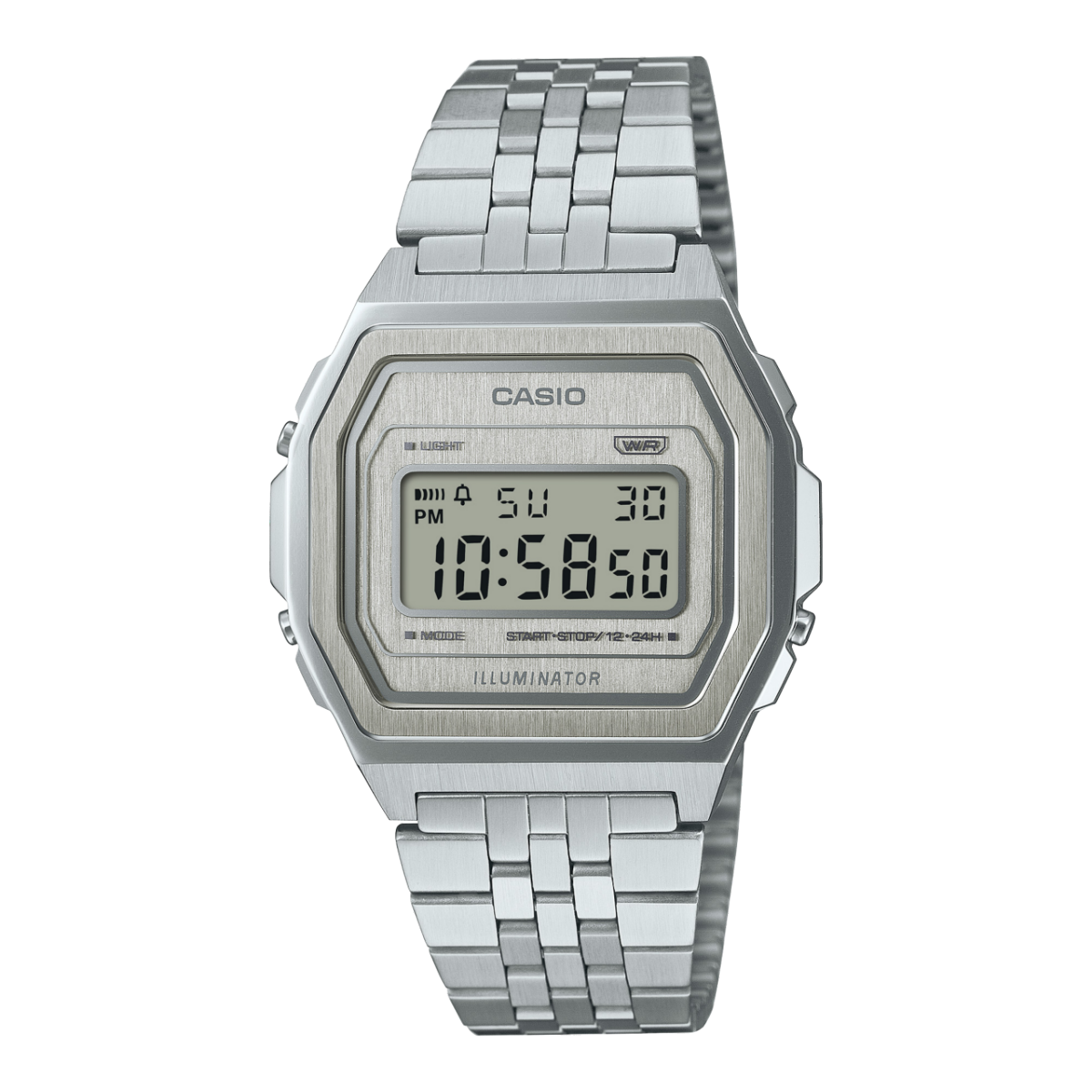 Casio Vintage Armbanduhr, silbernes Edelstahlarmband, digitales Display, Mineralglas