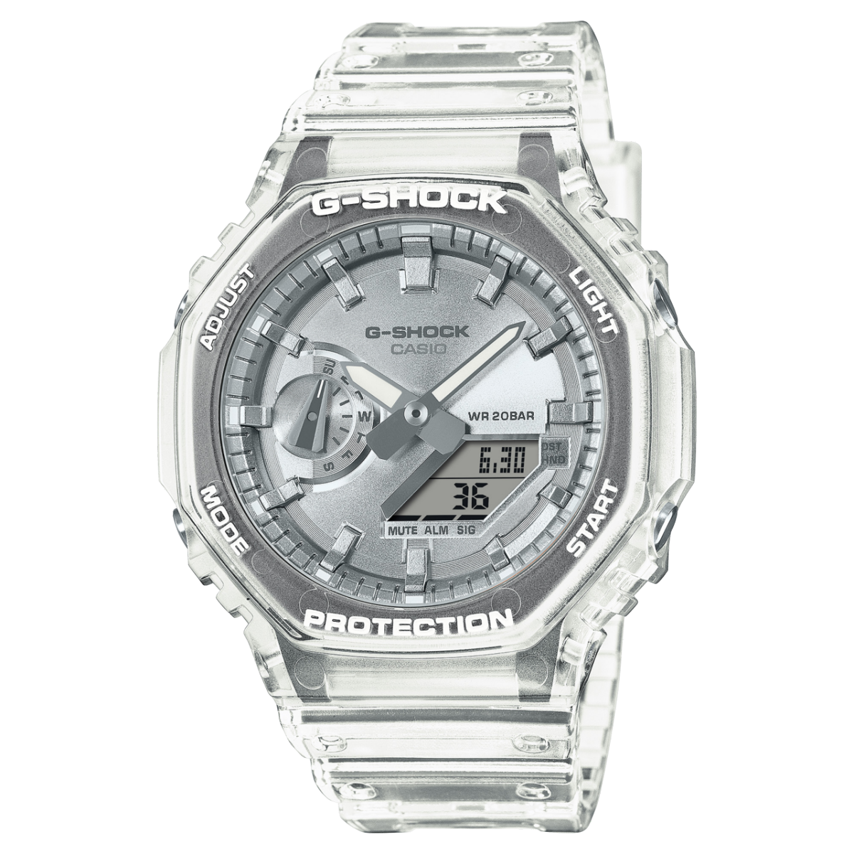 Casio G-Shock Ana-Digi Uhr mit transparentem silbernem Resinarmband und grauem Zifferblatt